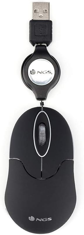 SIN BLACK - Ratón Óptico 1000dpi con Cable Retráctil USB, Ratón para Ordenador o Portátil con 2 Botones, Ambidiestro