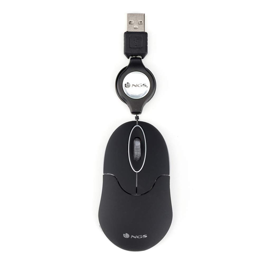 NGS SIN BLACK - 1000dpi Optical Mouse with Retractable USB Wire, Mouse for Computer or Laptop with 2 Boutons, Ambidextrous