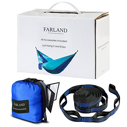 FARLAND Outdoor Camping Hammock - Portable Anti-fade Nylon Double Hammock with 2 Piece 16 Loop Straps by Parachute Lightweight Hammock for Hiking Backpacking