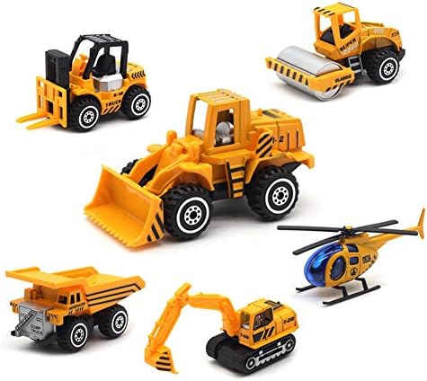 Inertia Toy Early Engineering Vehicles Friction Powered Kids Dumper, Bulldozers, Forklift, Asphalt Car, Excavator and Helicopter 6 Set Preschool Learning Toy