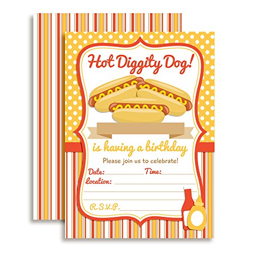 Hot Dog BBQ Party Fill In Invitations set of 20 5 X 7 Cards with White Envelopes. Perfect for Grilling Parties, Graduation, Family reunions, and more by AmandaCreation