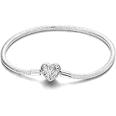 Charm Bracelet for Women Sterling Silver, Heart Clasp Snake Chain Bracelet Travel Charm Moments European Bracelet Jewelry Compatible with Pandora Charms, Gift for Her