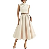 winkbay Women's Summer Ruched Mock Neck Dress Elegant Belted A Line Flowy Work Office Dresses