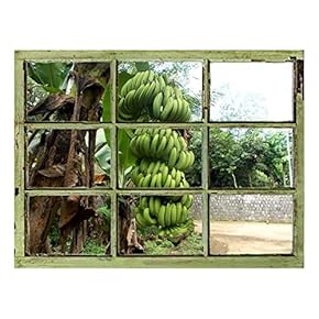 Window View Wall Mural - Banana Trees in The Yard - Vintage Style Wall Decor - Peel and Stick Adhesive Vinyl Material - 24x32 inches