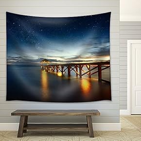 Beautiful Night Seascape with Stars in The Sky and Pier Stretching into The Ocean - Fabric Wall Tapestry Home Decor - 51x60 inches
