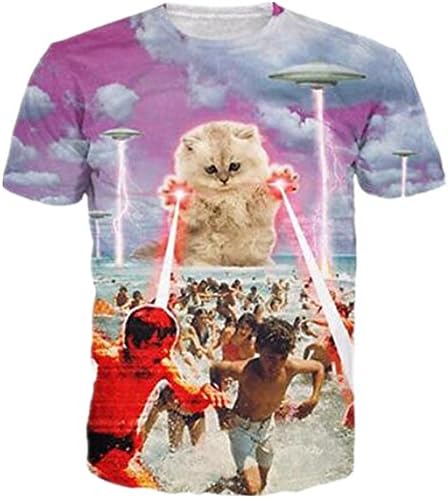 HWHColor Juniors 3D Laser Cat Attcak Beach Shirt Funny Graphic Tee