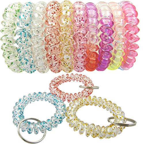 QY 10PCS Pearlized Transparent Colors Plastic Spiral Coil Wrist Band Key Ring Chain