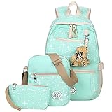 ABage Girls' Canvas Backpack Set 3 Pieces Patterned Bookbag Laptop School Backpack, Green