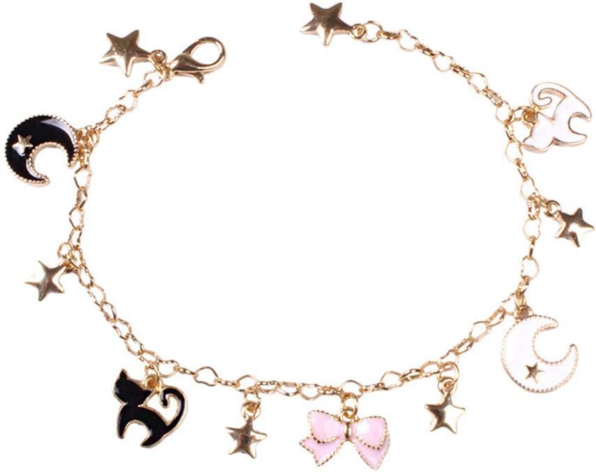 Daycindy Moon & Star Little Cat Charm Bracelets for Women Gold Tone