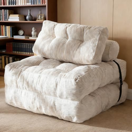 190 * 85 * 20Cm Folding Sofa Bed, Portable Fold Out Floor Couch Lounge, Convertible Sleeper Chair with Pillow for Living Room Bedroom, Beige