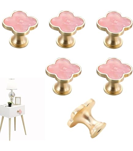 pink and gold dresser knobs Jasluna 6 Pack Cabinet Brass Knobs Drawer Pulls | Decorative Pink Cabinet Knobs, Zinc Alloy Pink Drawer Knobs for Girls Dressers, Modern Vintage Farmhouse Chic Style feature_Slit