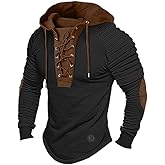 ShallWe Men's Henley Shirt Hooded Long Sleeve Lace Up Vintage Solid Casual T-Shirt Tactical Patchwork Western Tee Sports Black, Medium