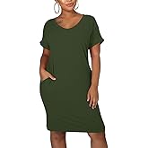 cailami Women's Summer V Neck Short Sleeve Midi Tshirt Dresses Casual Tunic Dress with Pockets