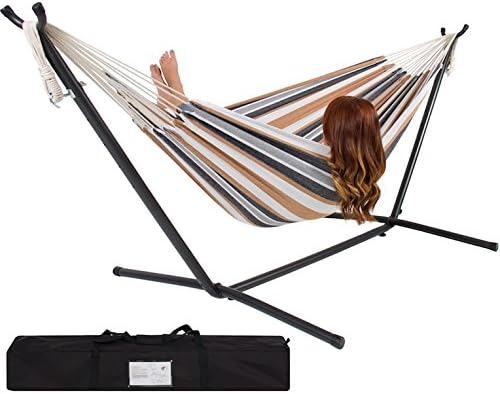 Double Hammock With Space Saving Steel Stand Patio Garden Porch Outdoor Fabric Swing Person Camping Bed Stand With Portable Carrying Case
