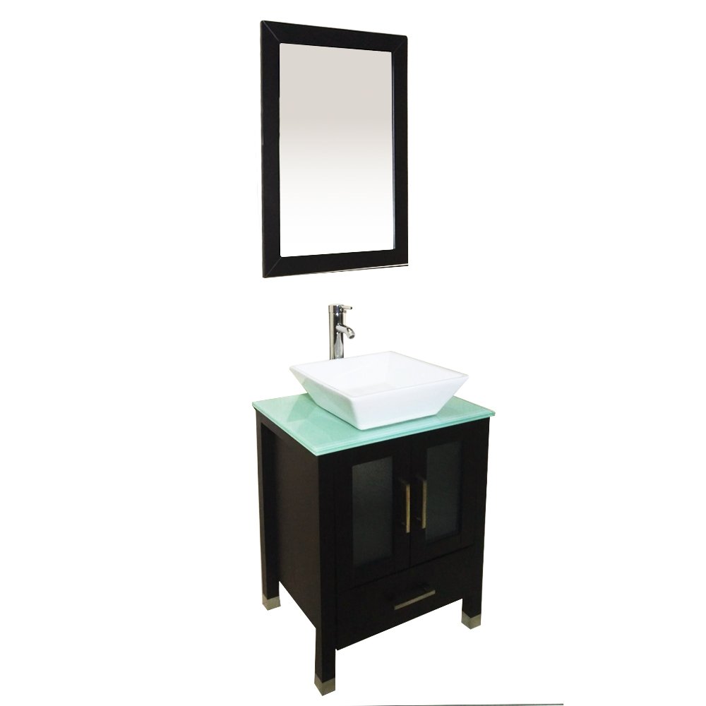 QIERAO 24 inch Black Bathroom Solid Wood Vanity with Mirror Countertop Square Ceramic Vessel Sink (Black)