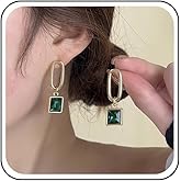 Sttiafay Vintage Emerald Dangle Earrings Gold Square Drop Earrings Green Emerald Crystal Earrings Crystal Wedding Earrings Geometry Hollow Square Earrings