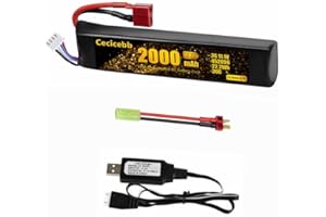 Cecicebb 11.1v lipo Battery Airsoft 2000mAh 30C High Discharge Rate Rechargeable 3S Lipo Battery for Airsoft Guns Airsoft Rifle with Deans T Plug to Mini Tamiya Cable and USB Charger Cable
