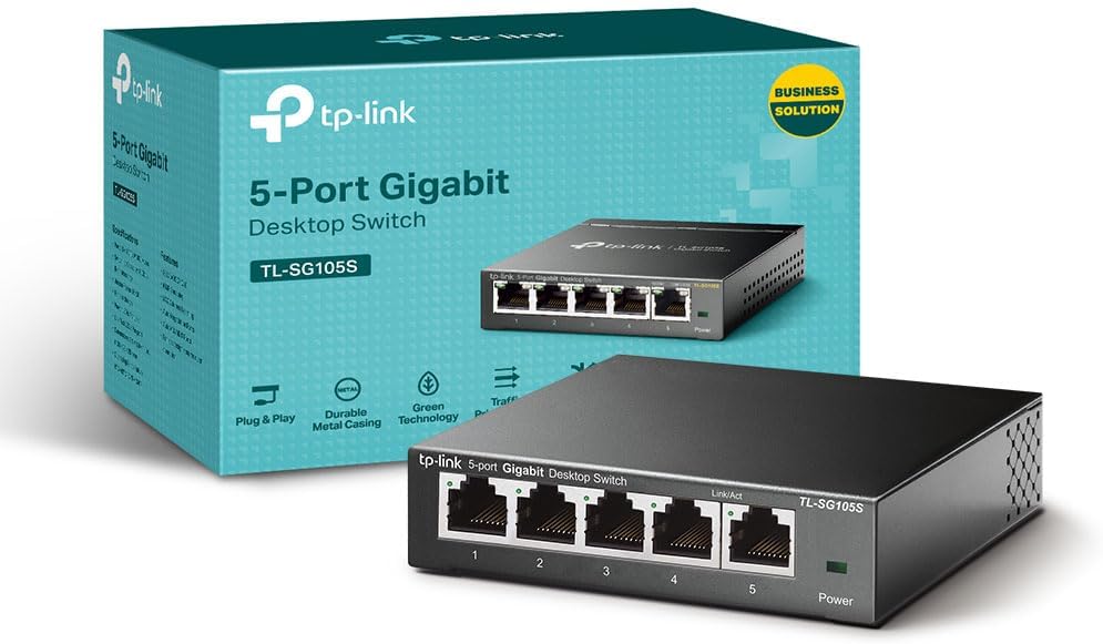TP-Link TL-SG105S 5 Port Gigabit Switch 1 to 4 Splitter Desktop Wall-Mount