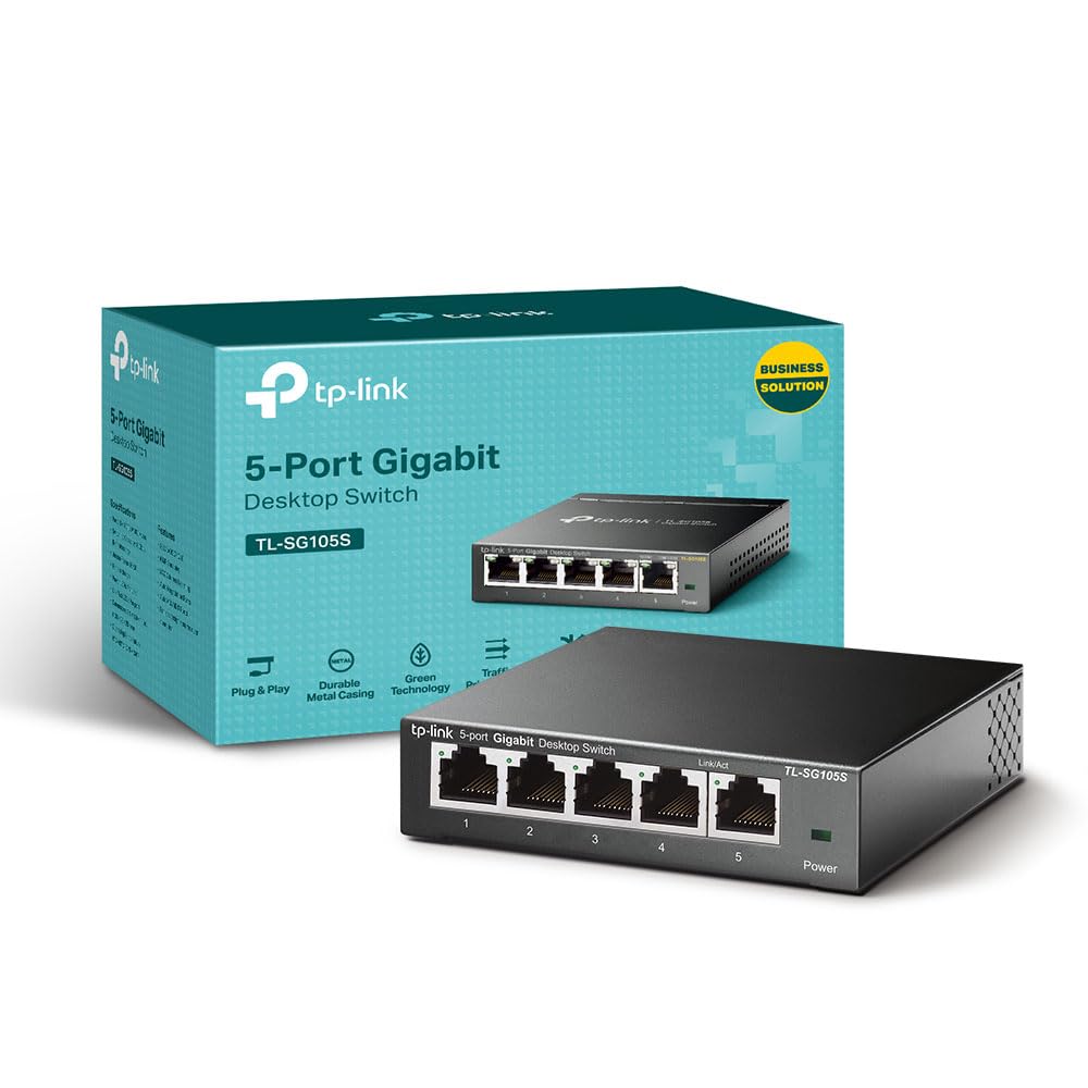 TP-Link TL-SG105S 5 Port Gigabit Ethernet Network Switch, Ethernet Splitter 1 to 4, Network 4 Way Ethernet Hub, Desktop & Wall-Mounting, Sturdy Metal Case, Fanless, Plug & Play, Energy-Saving