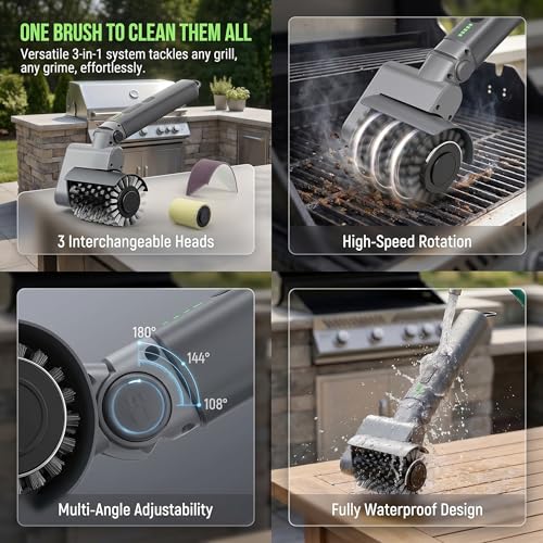 2026 Upgraded Electric Grill Brush for Outdoor Grill, 3-in-1 Cordless Rotary BBQ Grill Cleaner with 3-Speed Control, Adjustable Head, Heavy Duty Barbecue Cleaner for Cast Iron, Stainless Steel Grates