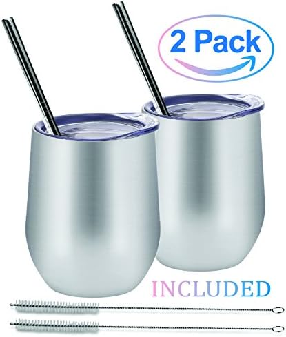Set of 2 Stainless Steel Cups | Includes Lids, Straws, and Straw cleaners | Great for Wine, Coffee, and other drinks | Double wall insulated | Shatter Proof | Unbreakable | Kid Proof | 12oz | Silver