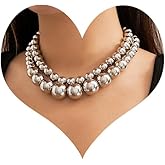 Gold Chunky Beaded Necklace for Women Vintage Layered large Gold Silver Bead Imitation Pearl Beaded Necklace Charm Dainty Party Bar Jewelry