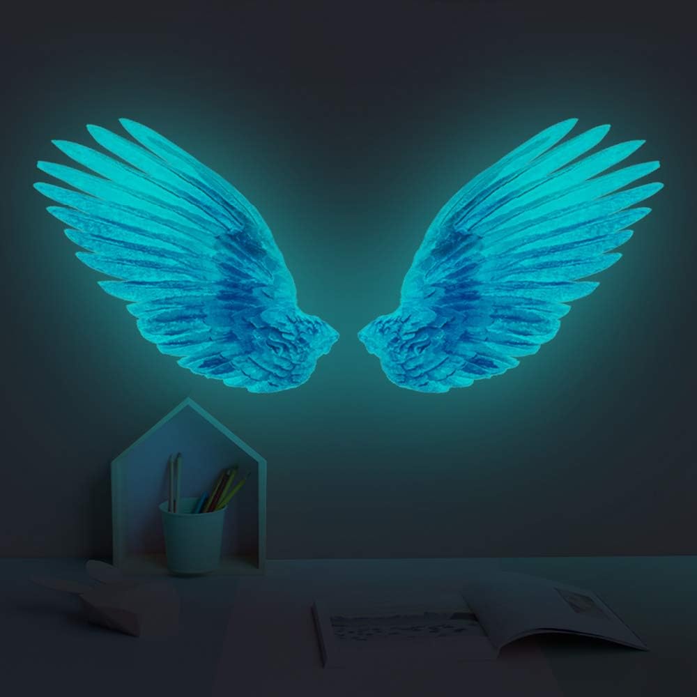 Creative Glow in The Dark Angel Wings Wall Decal Decor Removable DIY Fluorescence Bird Feather Wall Stickers 3D Home Wall Art for Kids Girl Boys Bedroom Living Room Nursery Bathroom Playroom (Blue)