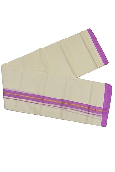 Men's South Indian Dhoti/Mundu with Purple and Kasavu Kara (Cream, Free Size)