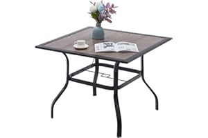 VICLLAX Patio Dining Table Wood-Like Table Top Sturdy Metal Frame with Umbrella Hole for Outdoor Lawn Garden for 4,Walnut