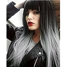 Black to Grey Ombre Wigs for Women with Bangs Long Straight Dark Roots Wigs Heat Resistant Synthetic Natural Looking Wigs