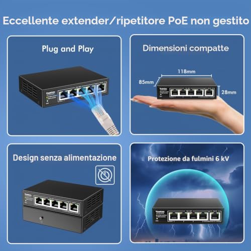 YuanLey 5 Port Gigabit PoE Extender with 4 Outputs, 90W PoE Input, IEEE 802.3af/at/bt, Mini 5 Channel Repeater 1000Mbps, Metal Case, 6KV, Power over Ethernet Switch