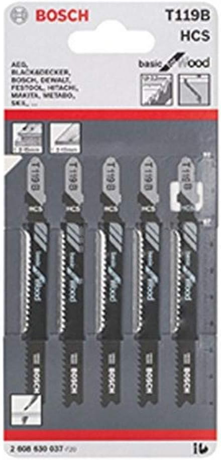 Bosch Professional 5 x Jigsaw blade T 119 B Basic for Wood (for softwood curved cut, accessories jigsaw), Blue, 5 pcs