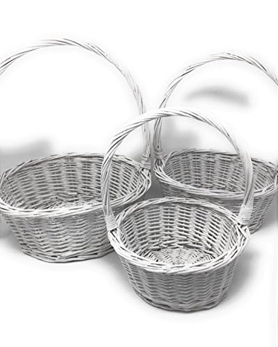 MADOL Stackable Woven White Willow Round Wicker Basket With Handle [WW2824]- 3 Piece Set 3 Sizes- Picnics, Garden, Decor, Planters, Easter, Easy Storage/Cesta de ratan