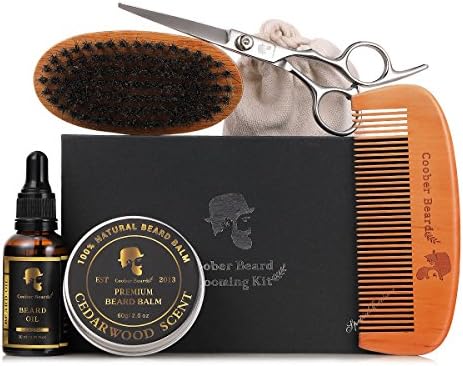 KEYNEW Men Essential Beard Care Grooming &amp; Trimming Kit Woody Scent Beard Oil, Mustache &amp; Beard Balm Wax, Wooden Beard Comb, Beard Brush, Solid Barber Scissors, Storage Pouch, Gift Box for Bearded Men