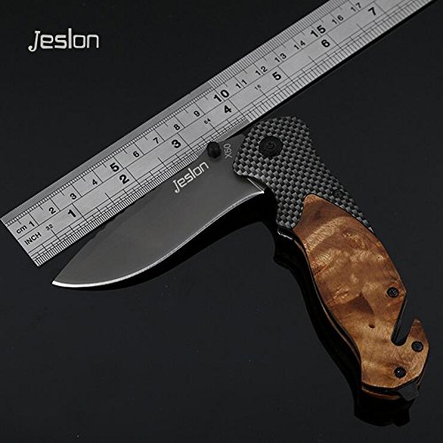 Jeslon Spring Assisted Opening Tactical Folding Pocket Knife, Wood Handle 440C 57HRC Blade Good for Camping Survival and outdoor Activities.