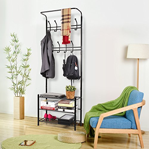 HOMFA Metal Entryway Coat Shoe Rack 3tier Shoe Bench with Coat Hat