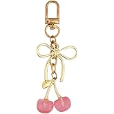 Tinoaly Cherry Keychain for Women, Gold Key Ring with Bow & Cherry Pendant Adorable Bag Charm Stylish Aesthetic Key Chain Gifts for Handbags Bag Purse Car Accessories