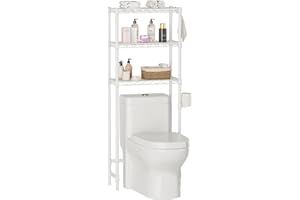 GOLPART Over The Toilet Shelf,3-Tier Adjustable Freestanding Metal Bathroom Organizer Shelves with Toilet Paper Holder & Hooks,Space-Saving for Narrow Small Bathroom,10”D x 24”W x 66”H,White
