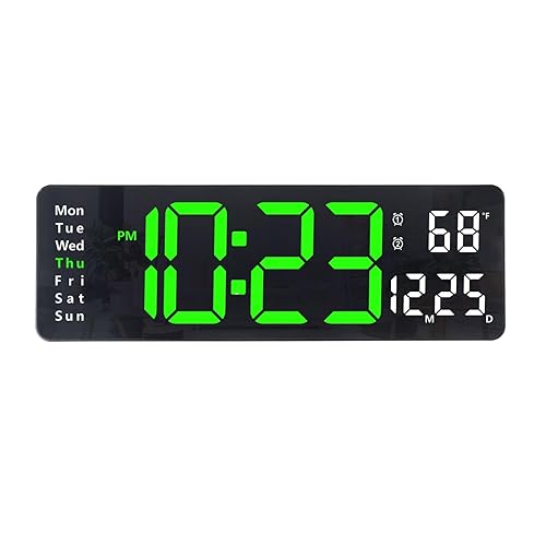 Plumeet Digital Wall Clock, 16 Inches LED Wall Clocks with Remote Control, Big Digits, Auto-Dimming, 2 Alarm, Digital Alarm Show Date Week Temp, Green