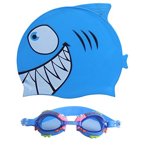Swesy Cartoon Fish Design Kids Anti-Fog Swimming Goggles and Cap Set Fun Silicone Swim Cap Hat (blue shark)