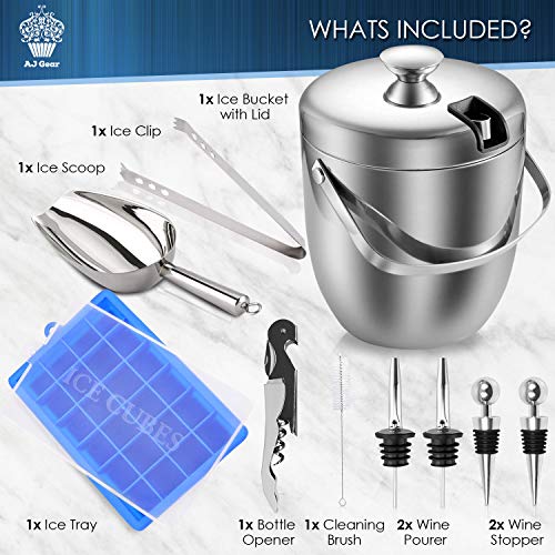 Insulated Ice Bucket With 10 Piece All in One Bundle Stainless Steel