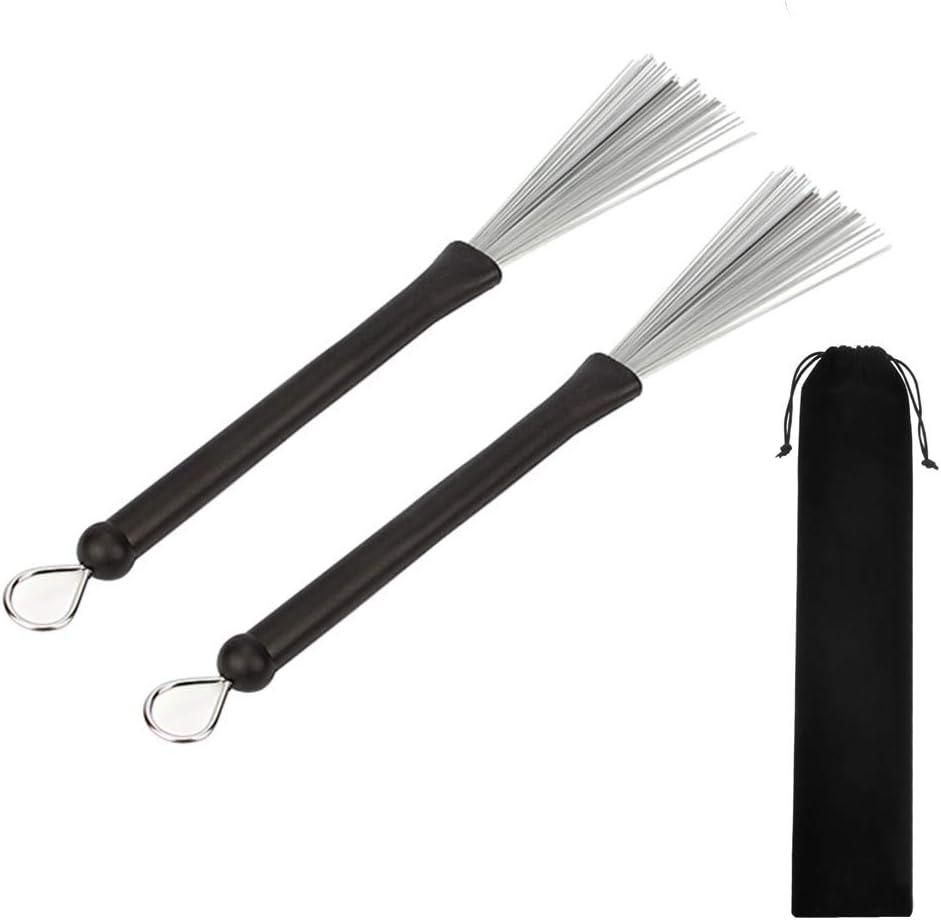 byou Drum Brushes,Drum Sticks Brush Retractable Wire Percussion Brushes with Comfortable Rubber Handles and Storage Bag for Jazz Folk Music 1 Pair