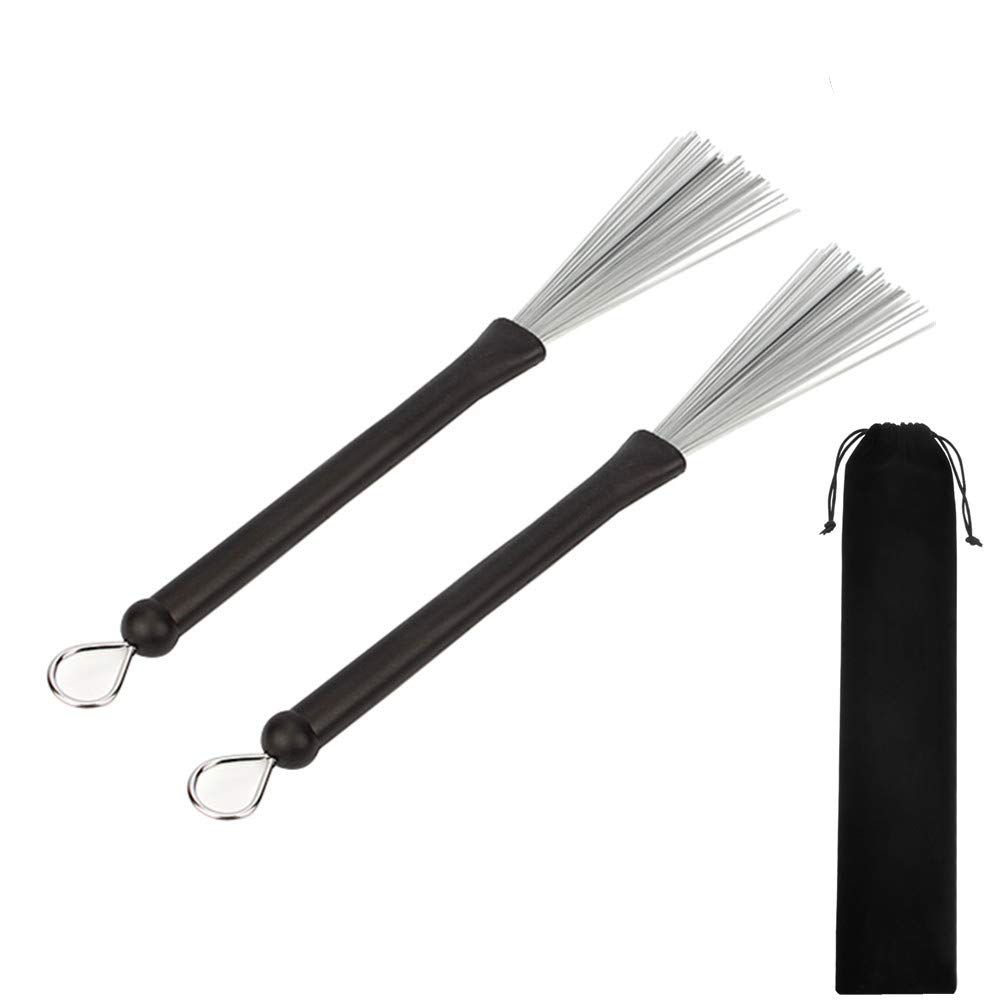 byou Drum Brushes,Drum Sticks Brush Retractable Wire Percussion Brushes with Comfortable Rubber Handles and Storage Bag for Jazz Folk Music 1 Pair