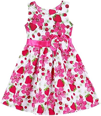 Lymnshi Girls Summer Sleeveless Flower Print Casual Dress with Bowknot 2-6 Years Strawberry 120