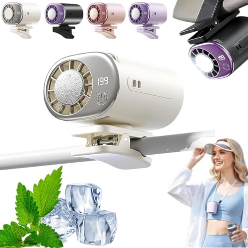 Car Clip On Air Conditioner Fan with LED Display - 360° Rotation, Portable Mini Cooling System for Auto Vehicle USB Rechargeable, 199 Speeds Adjustable, 16℃ Semi-Cooling Wide Clamp (White)