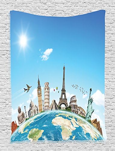 Ambesonne Travel Tapestry, Famous Monuments of Pisa Taj Mahal Giza Pyramids Paris Landmarks Theme, Wall Hanging for Bedroom Living Room Dorm Decor, 40" X 60", Blue White