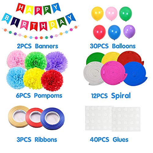 Birthday Decorations Party Supplies, 55PCS Colorful Birthday Decorations, Happy Birthday Banner, 6 Pom Poms Flowers, Round Paper Garland, 12 Hanging Swirl, 30 Balloons for Party Supplies