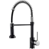 OWOFAN Kitchen Faucet with Pull Down Sprayer Brushed Nickel&amp;Black | 1 Handle Spring Sink Faucets, Lead-Free Stainless Steel, 1 or 3-Hole with Deck Plate,Farmhouse, RV, Bar, Laundry Room