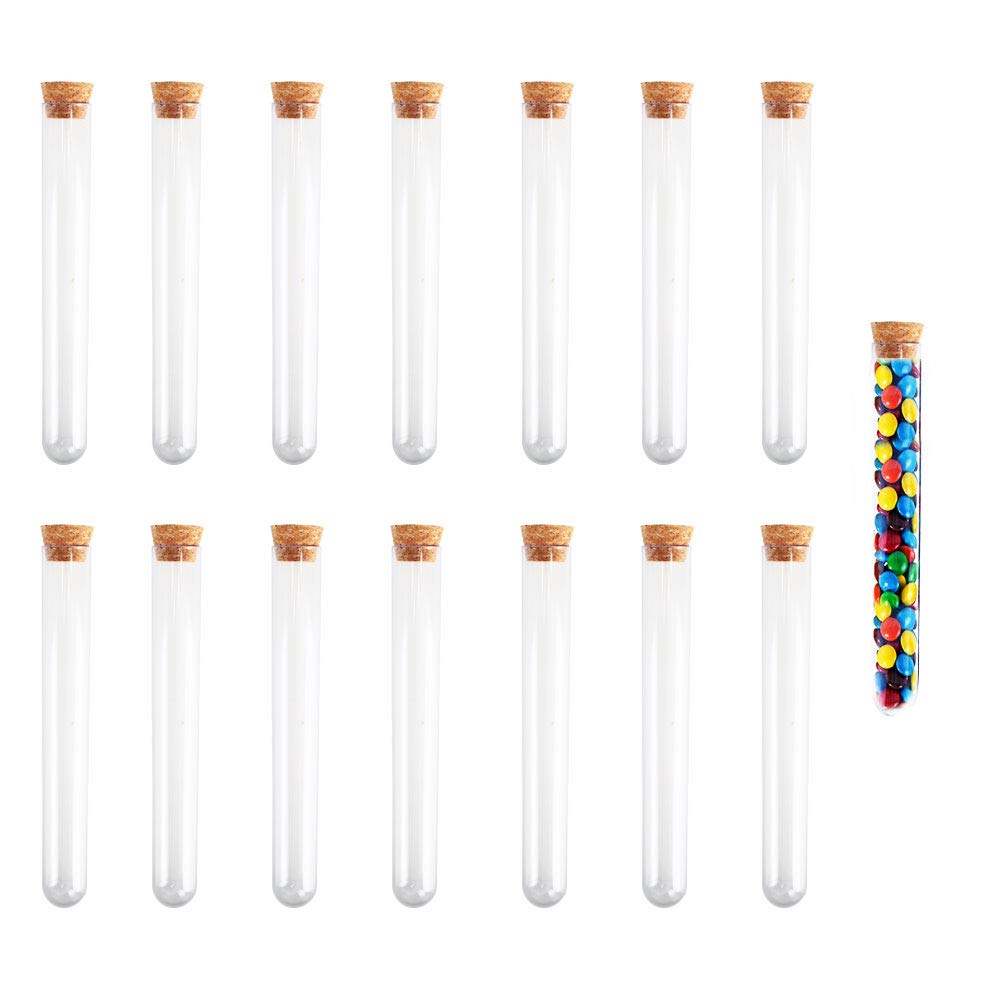 15Pcs 30ml Plastic Test Tubes with Cork Stoppers Containers for Skittles Candy Bath Salts Storage KINDPMA Clear Candy Tubes for Scientist Nerds Party Halloween Wedding Party Décor 20X150mm