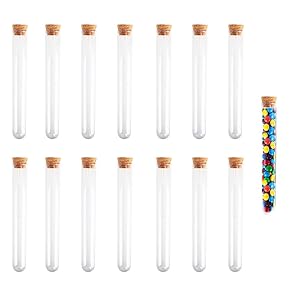 15Pcs 30ml Plastic Test Tubes with Cork Stoppers Containers for Skittles Candy Bath Salts Storage KINDPMA Clear Candy Tubes for Scientist Nerds Party Halloween Wedding Party Décor 20X150mm